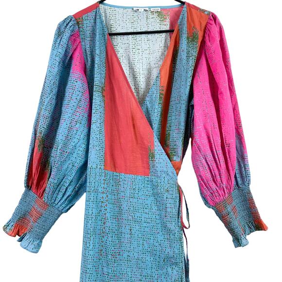 Rhode Fifi 100% Cotton Long Balloon Sleeve V-Neck Wrap Maxi Dress Ikat Medium - Picture 3 of 6